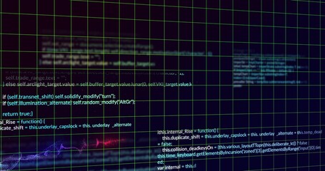 Displaying monitor showing syntax-highlighted code in code editor, green grid overlay, purple glow