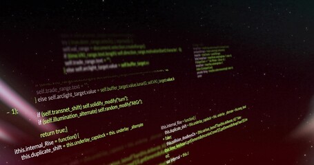 Obraz premium Floating source code panels drifting through 3D space, with green-yellow syntax and lens flares