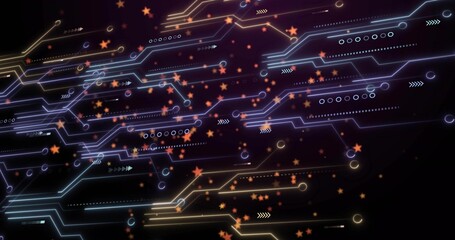 Obraz premium Pulsing neon circuit network tracing paths in dark digital backdrop, showing nodes and orange stars
