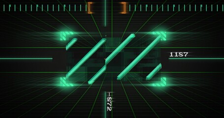 Showing five glowing teal angled bars in 3D HUD with grid, reticle, digits, brackets, arrowheads