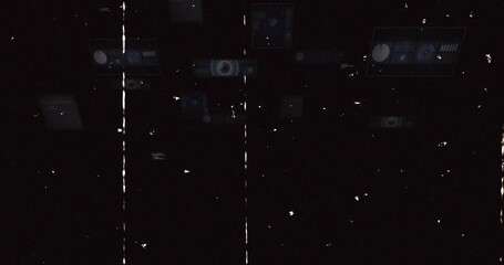 Displaying faint displays with blue UI in dark scene at top, showing dashed streaks and dust