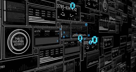 Displaying data panels and line graphs in digital control wall, showing cyan node markers