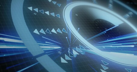 Dominating glowing white-blue ring pulsing on virtual grid, with radial streaks and chevrons