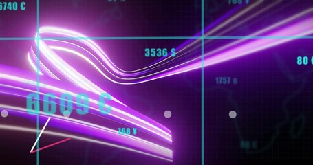 Flowing neon ribbons showing data trends on digital dashboard, with gridlines, numerals, markers