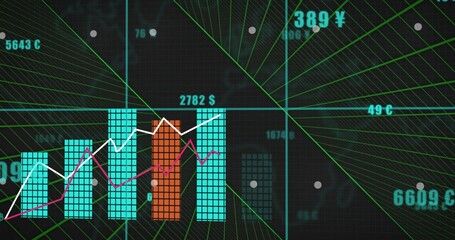 Displaying teal and orange tiled bar chart on dark UI, showing trend lines and currency labels