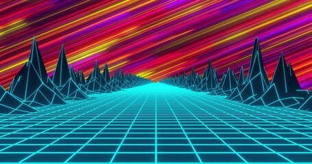 Obraz premium Extending glowing cyan grid plane moving toward vanishing point, neon peaks, streaked magenta sky