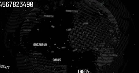 Spinning dotted digital globe streaming numeric labels and data blocks on dark analytics HUD