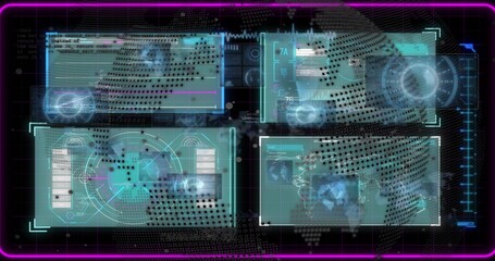 Displaying holographic quad panels centered on dark console, with world map, radar, code window