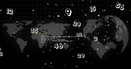 Showing dot-map and 3D globe in data dashboard, showing numeric markers, green nodes, code, grid