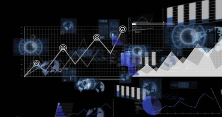 Displaying centered grid line chart rising on virtual dashboard, with circular markers, globe icons