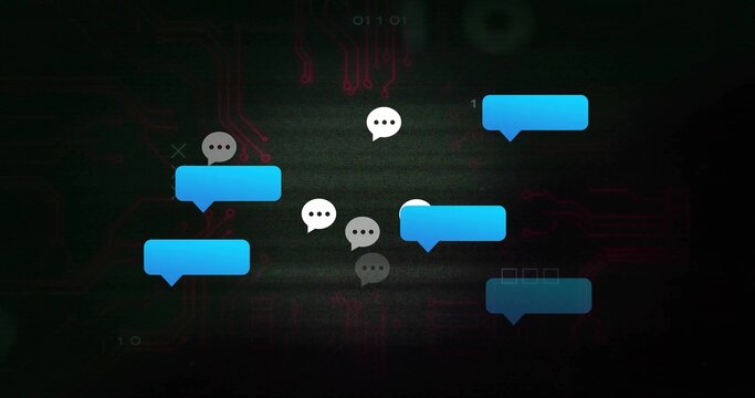 Floating cyan chat bubbles glowing on motherboard, showing dots, squares, binary, magenta traces - Powered by Adobe