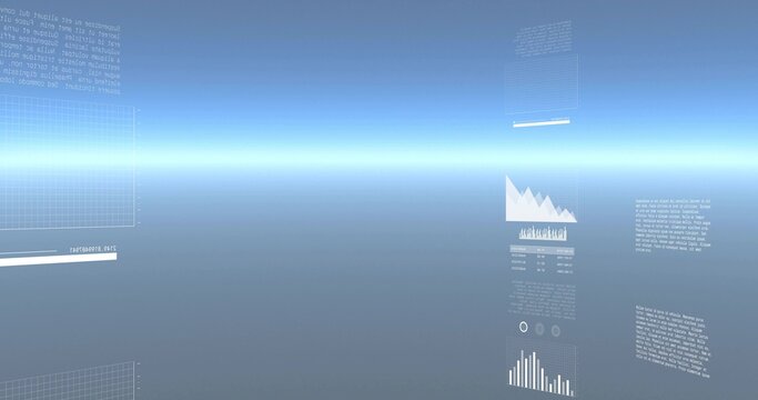 Displaying holographic UI panels floating in virtual horizon, showing wireframe grids and charts