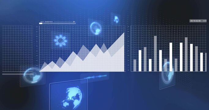 Displaying blue area or line and bar charts on digital dashboard, showing grid overlays and timestam