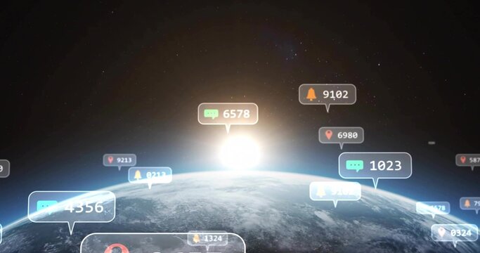 Showing curved Earth horizon glowing at sunrise in low Earth orbit, with UI bubbles showing icons - Powered by Adobe