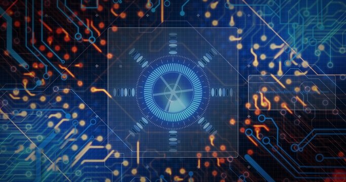 Rotating central circular HUD glowing, sending signals across digital grid, with cyan amber traces