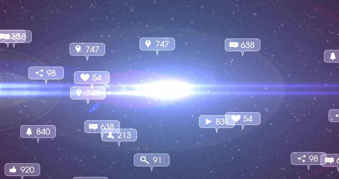 Floating cluster of notification icons with numeric badges pulsing across starry space lens flare