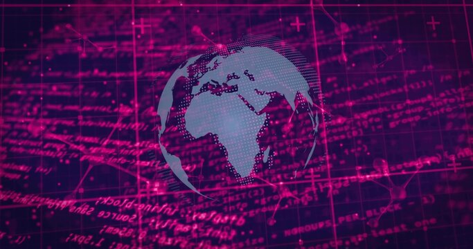 Displaying dotted globe of Africa Europe western Asia in dashboard, showing magenta grid and links