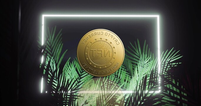 Floating gold NFT coin hovering above floor, set, neon frame glowing, palm fronds, haze diffusing