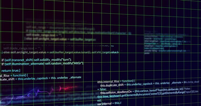 Displaying monitor showing syntax-highlighted code in code editor, green grid overlay, purple glow