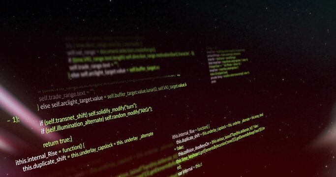 Floating source code panels drifting through 3D space, with green-yellow syntax and lens flares