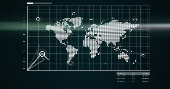 Showing console grid HUD tracking dotted pixel world map with markers, reticle sweep, datatable - Powered by Adobe