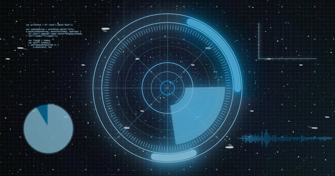 Showing radar HUD with center crosshair sweeping blue sector at console showing pie chart blips - Powered by Adobe