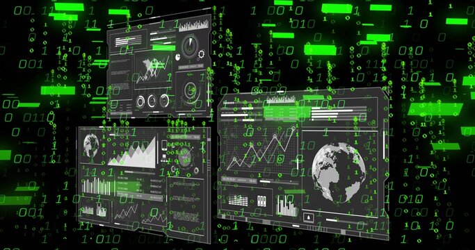 Floating 3 data panels showing charts, gauges and globe in dark void, streaming neon green binary