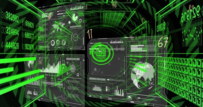 Floating central holographic dashboards glowing in virtual corridor, showing circular gauge