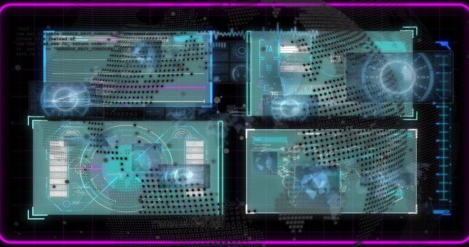 Displaying holographic quad panels centered on dark console, with world map, radar, code window - Powered by Adobe