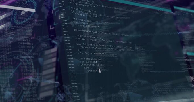 Displaying primary monitor showing source code and terminal text in dim workstation, with HUD
