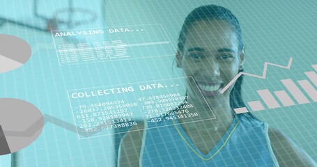 Smiling woman in blue sleeveless top using AR display, showing ANALYSING and COLLECTING DATA panels