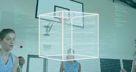 Floating wireframe holographic cube hovering over gym court, with light-blue jerseys near hoop