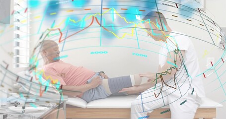 Kneeling therapist in scrubs feeling patient's knee with sleeve at table, pink tee, charts © vectorfusionart