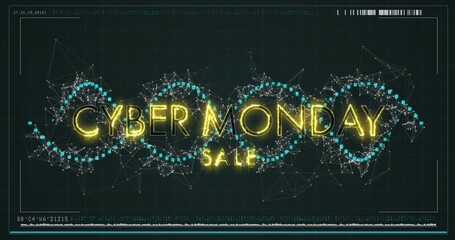 Displaying neon CYBER MONDAY SALE typography glowing on digital HUD banner, with turquoise nodes