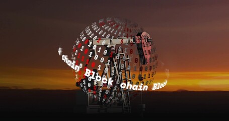 Obraz premium Glowing globe showing binary and scrolling Block chain on metal base with ladder, sunset sky