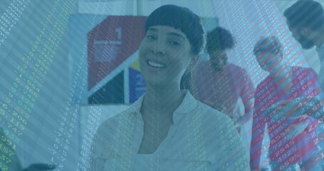 Smiling woman in white blouse standing in office with glass window geometric chart and code overlay