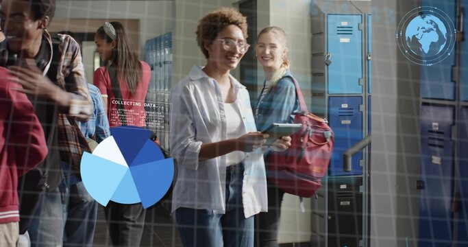 Holding tablet, student with curls wearing white shirt, jeans showing AR data in school hallway