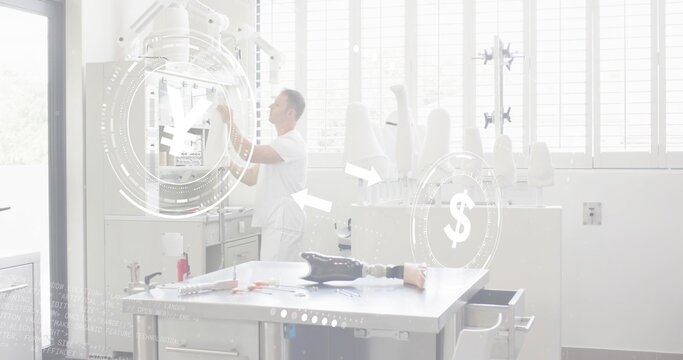 Adjusting prosthetic tech in scrubs reaching and checking gear in lab with socket, HUD, copy space