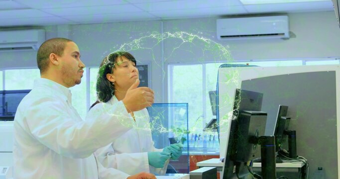 Using electronic pipette researchers in lab coats and gloves at lab bench, green AR molecule