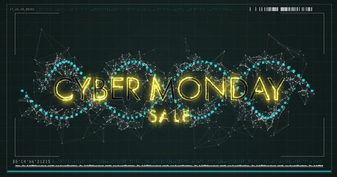 Displaying neon CYBER MONDAY SALE typography glowing on digital HUD banner, with turquoise nodes