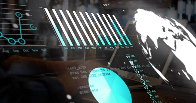 Projecting holographic data visuals filling dim office desk with laptops, showing bar chart, globe