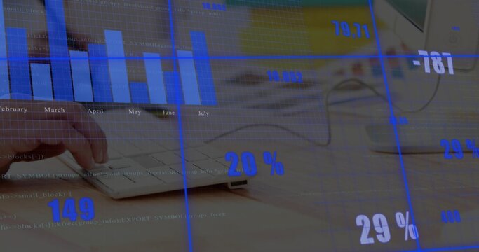 Typing left hand pressing keys on light wood desk, showing white keyboard, mouse, analytics overlay