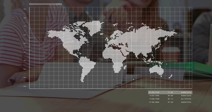 Displaying dotted world map overlay covering center at table, showing hex codes, striped top - Powered by Adobe