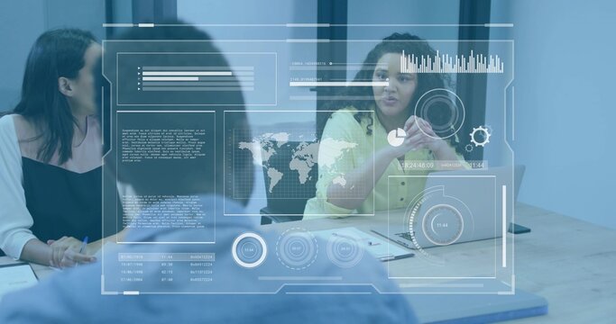 Talking woman in yellow blouse gesturing at meeting table, laptop documents HUD overlay, copy space - Powered by Adobe