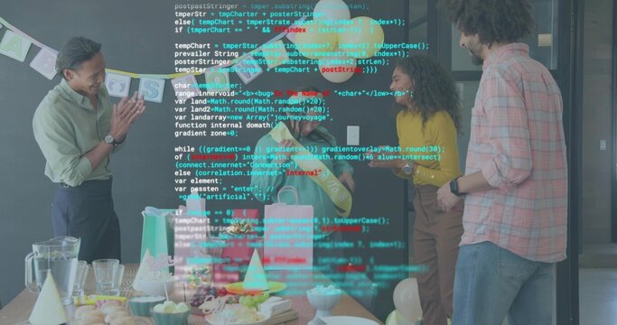 Clapping coworkers celebrating in kitchen, opening wrapped gifts with cake and code overlay