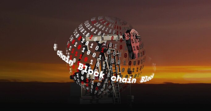 Glowing globe showing binary and scrolling Block chain on metal base with ladder, sunset sky