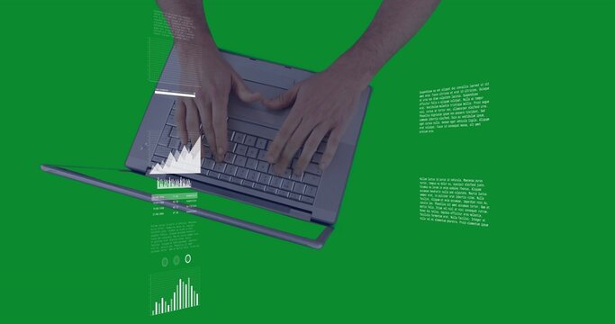 Typing man's hands pressing keys on laptop against green chroma, with floating charts and text