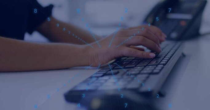 Typing female worker in short sleeve dark top pressing black keyboard at office desk, data overlay