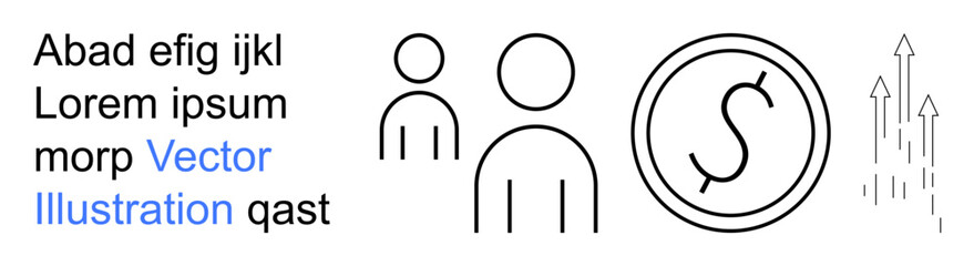 Obraz premium Business solutions, team collaboration, economic growth, financial planning, revenue uplift, corporate strategy. Minimal line art showing people, dollar symbol and upward arrows. Business solutions