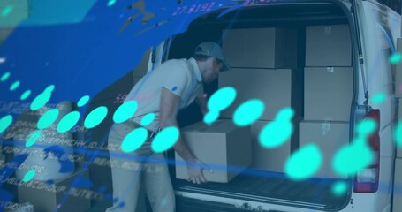 Loading man in light polo and cap holding box at rear white van, with digital overlay
